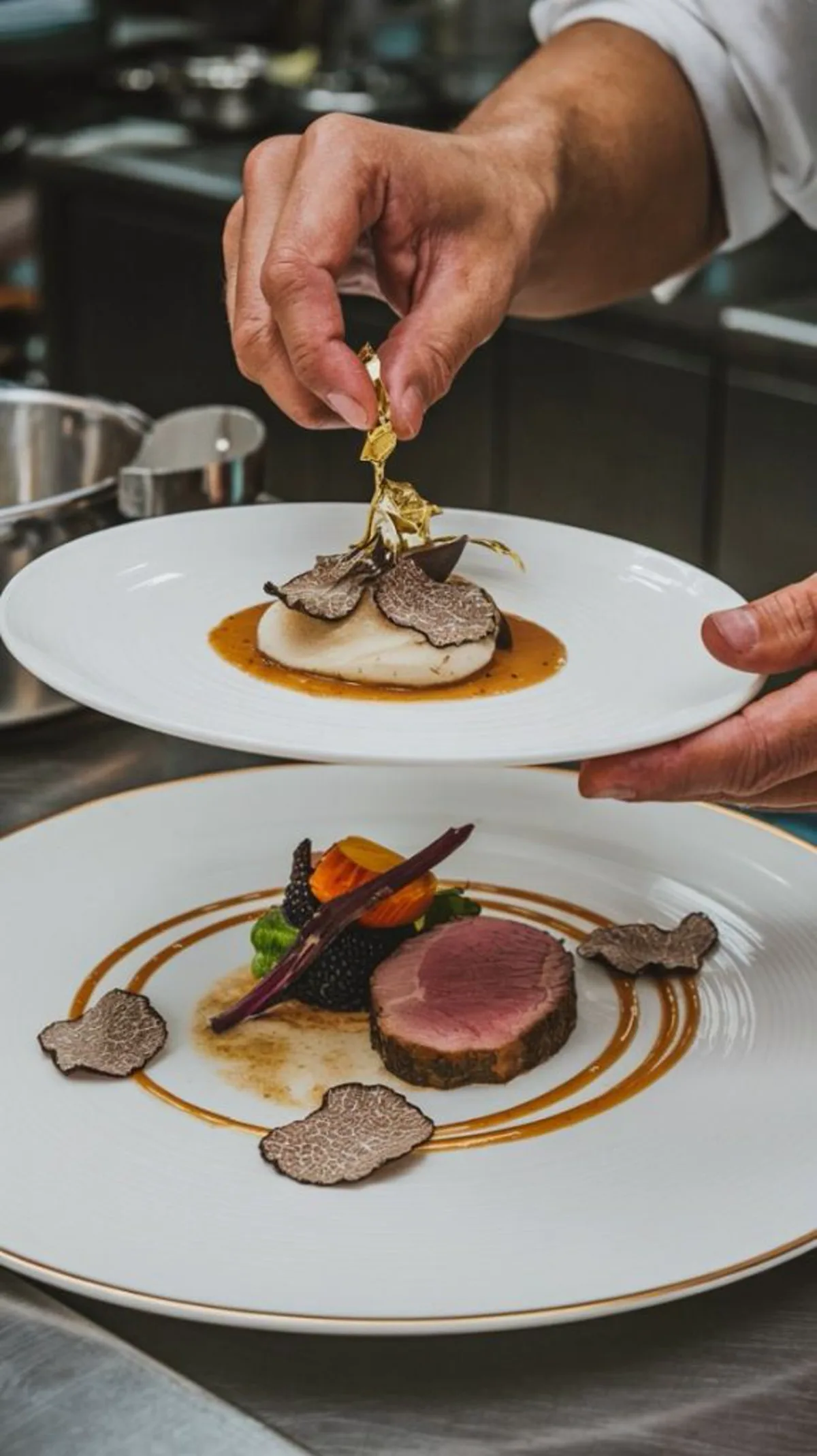 Signature dish — truffle beef with gold leaf