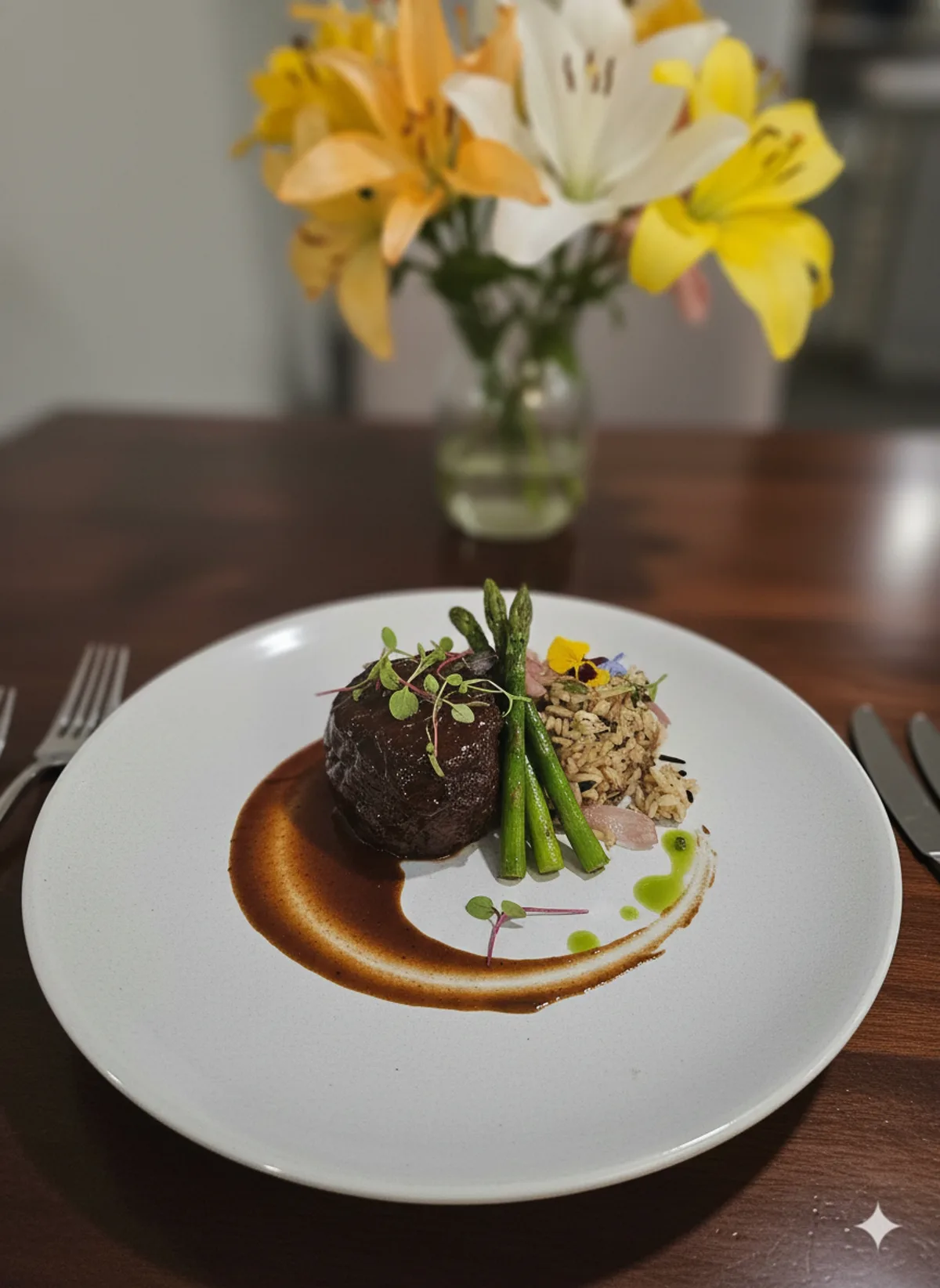 Signature dish — filet with asparagus and wild rice